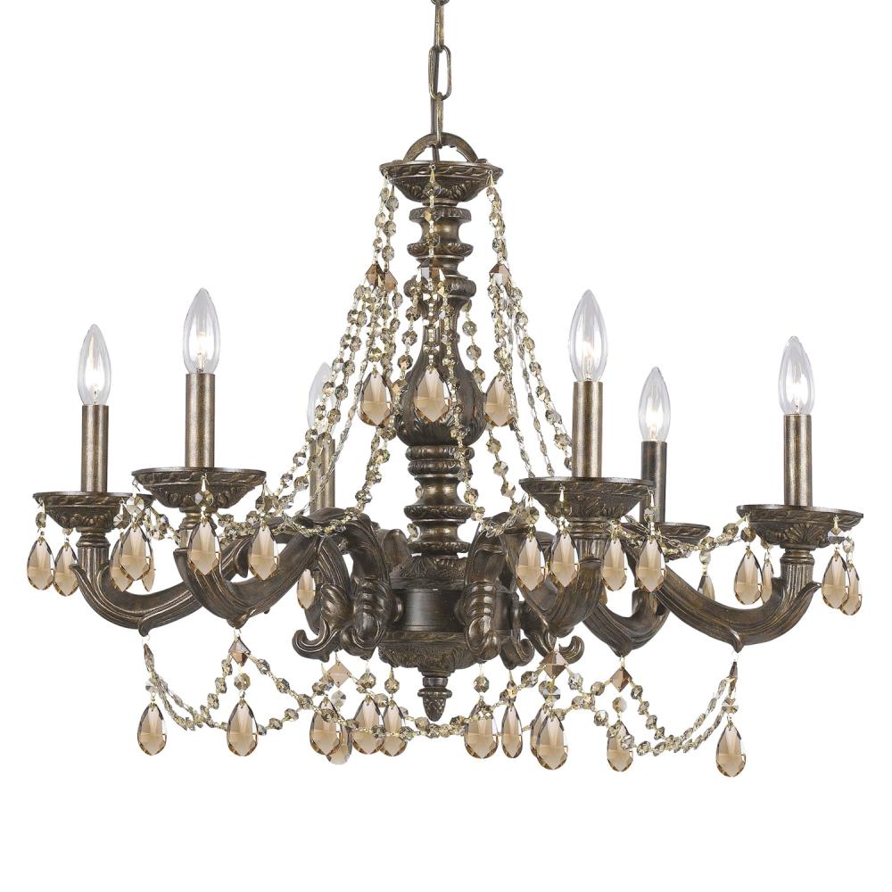 Paris Market 6 Light Golden Teak Hand Cut Crystal Venetian Bronze Chandelier