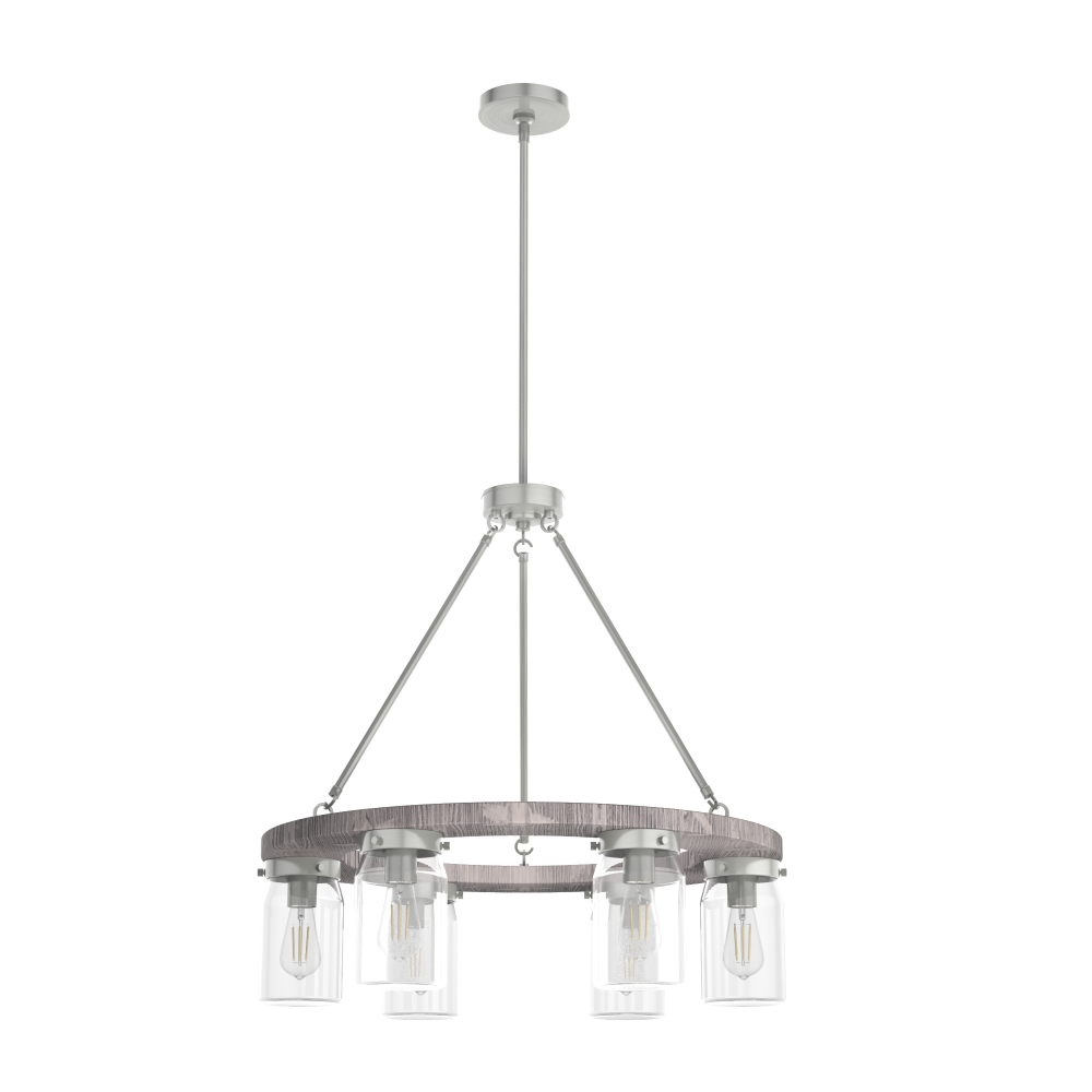 Hunter Devon Park Brushed Nickel and Grey Wood with Clear Glass 6 Light Chandelier Ceiling Light