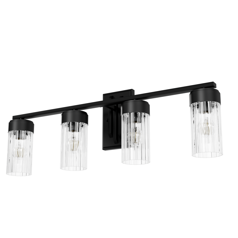 Hunter Gatz Matte Black with Clear Fluted Glass 4 Light Bathroom Vanity Wall Light Fixture