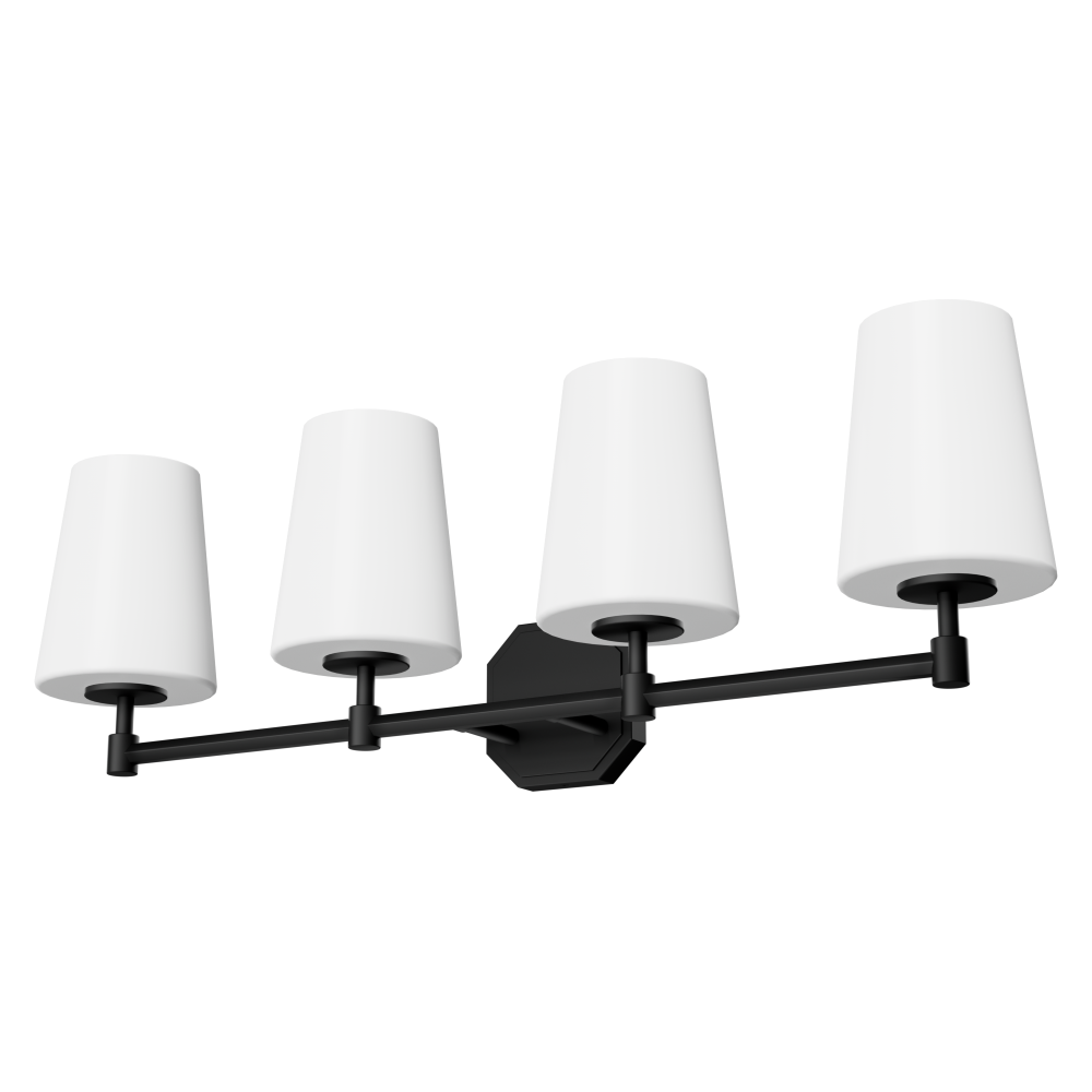 Hunter Nolita Matte Black with Cased White Glass 4 Light Bathroom Vanity Wall Light Fixture