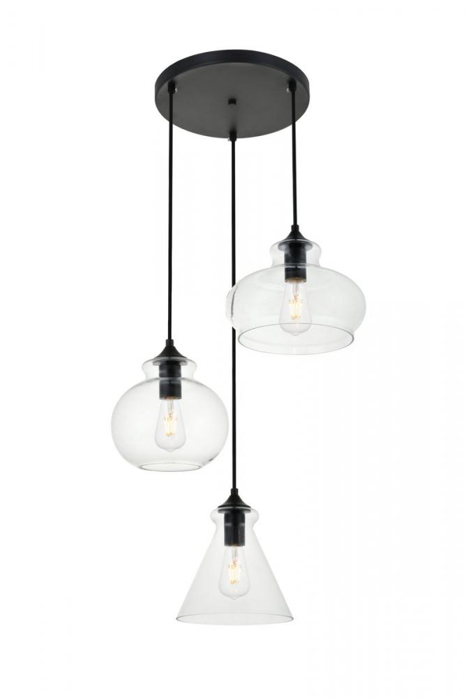 Destry 3 Lights Black Pendant With Clear Glass