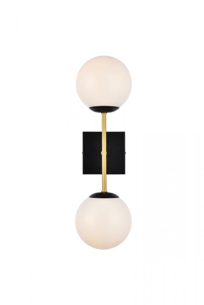 Neri 2 lights black and brass and white glass wall sconce